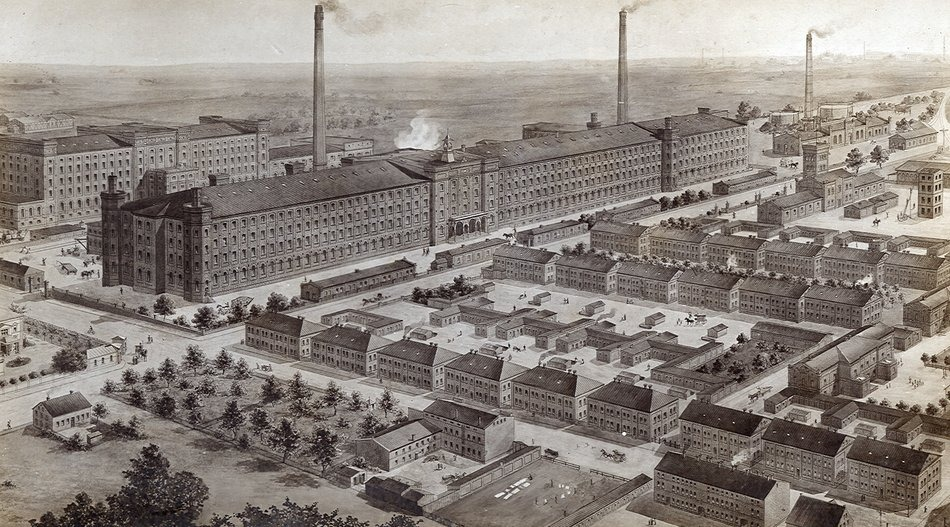 Historyczna ilustracja fabryki włókienniczej w Łodzi
